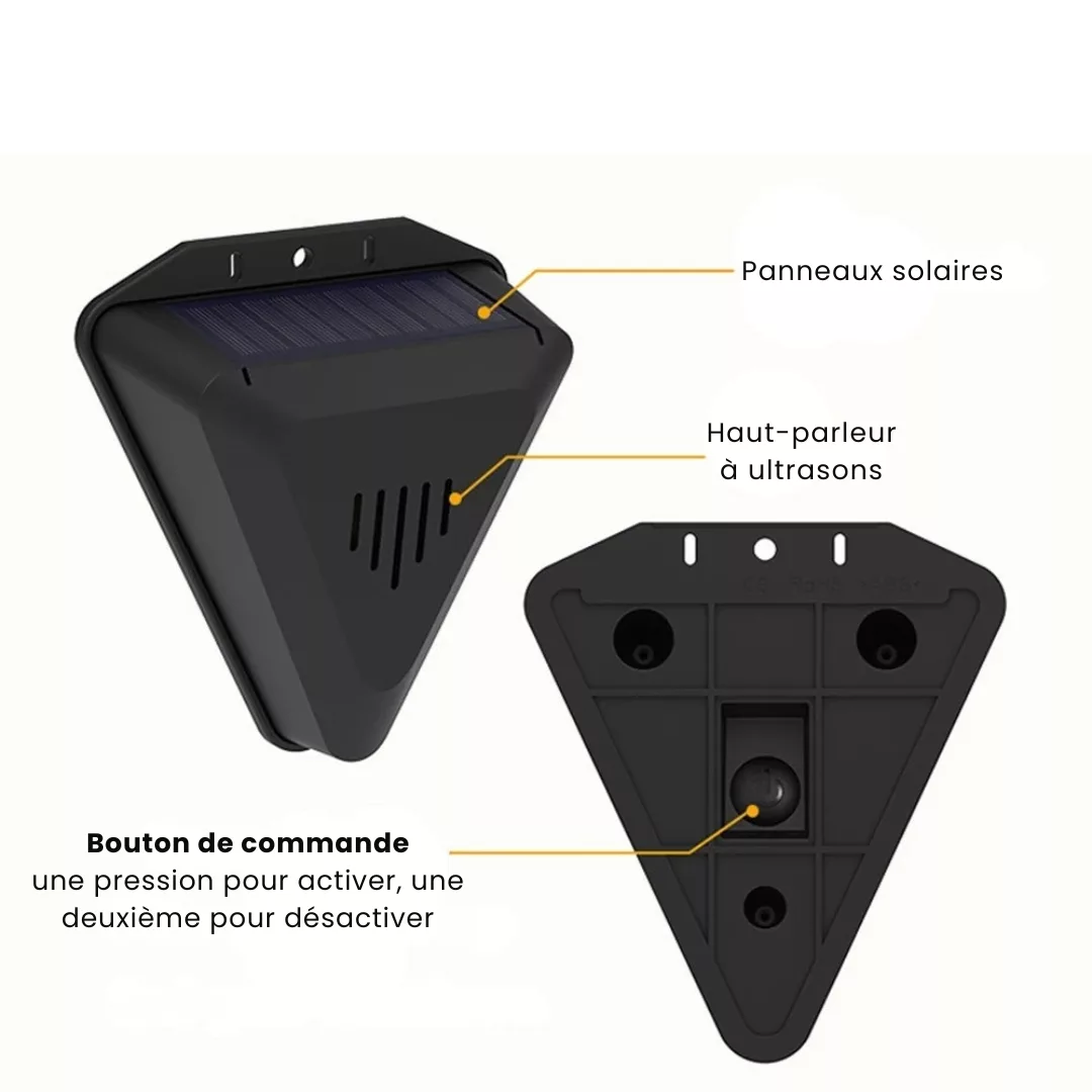Répulsif ultrason solaire pour pigeons – Éloigne efficacement les nuisibles sans produits chimiques – Écologique & autonome