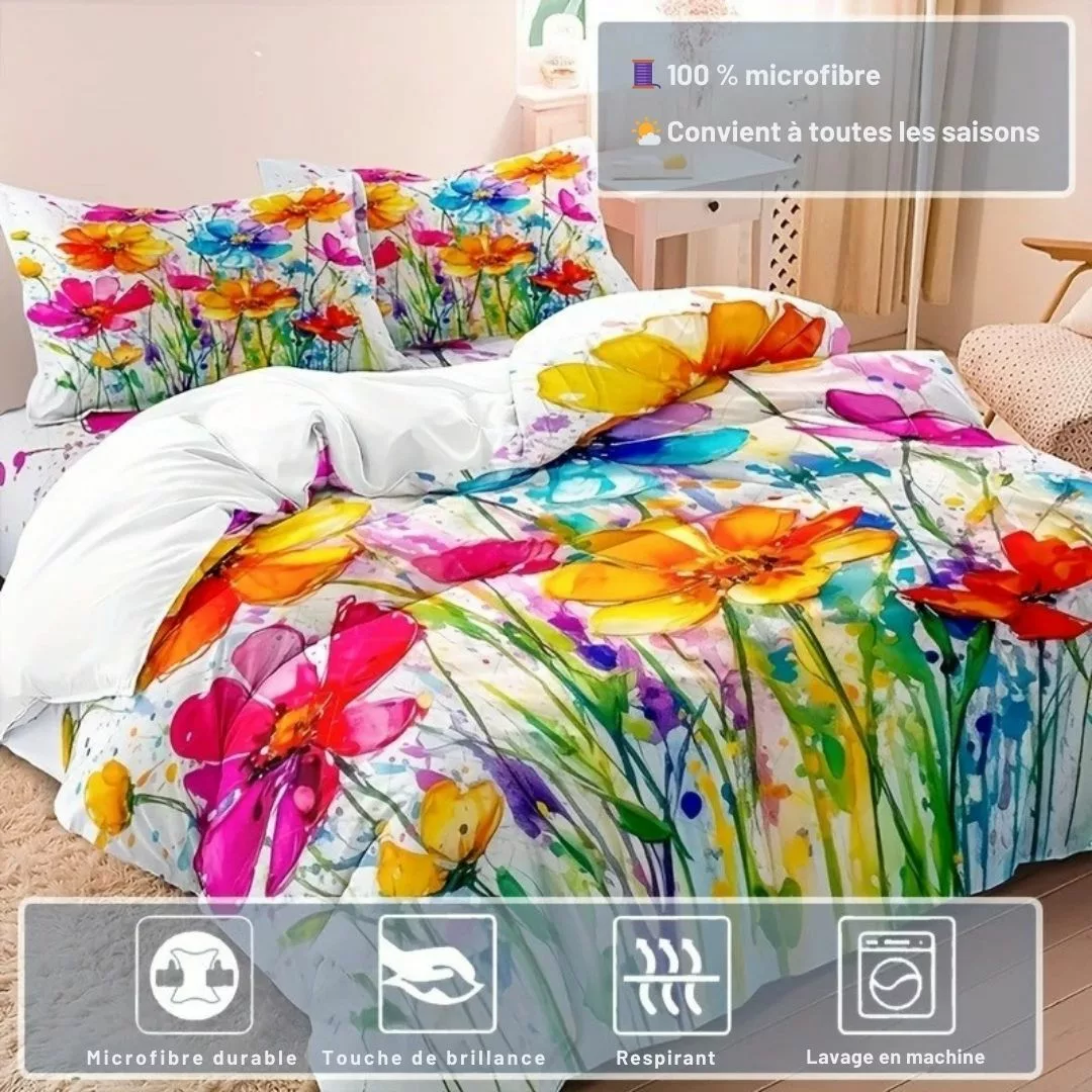 Parure de lit fleurs aquarelle éclatantes – Ambiance florale chic et colorée pour chambre lumineuse et apaisante