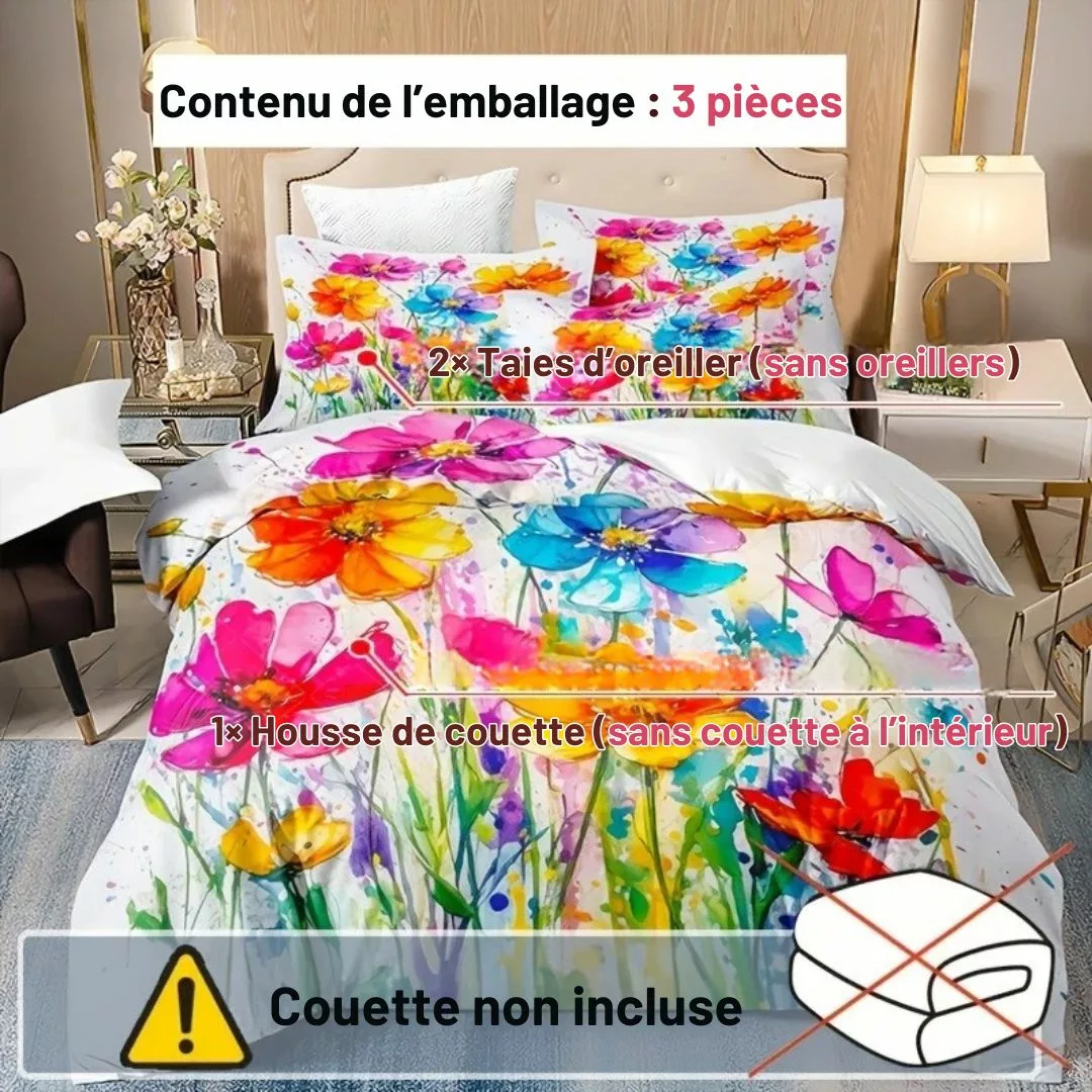 Parure de lit fleurs aquarelle éclatantes – Ambiance florale chic et colorée pour chambre lumineuse et apaisante