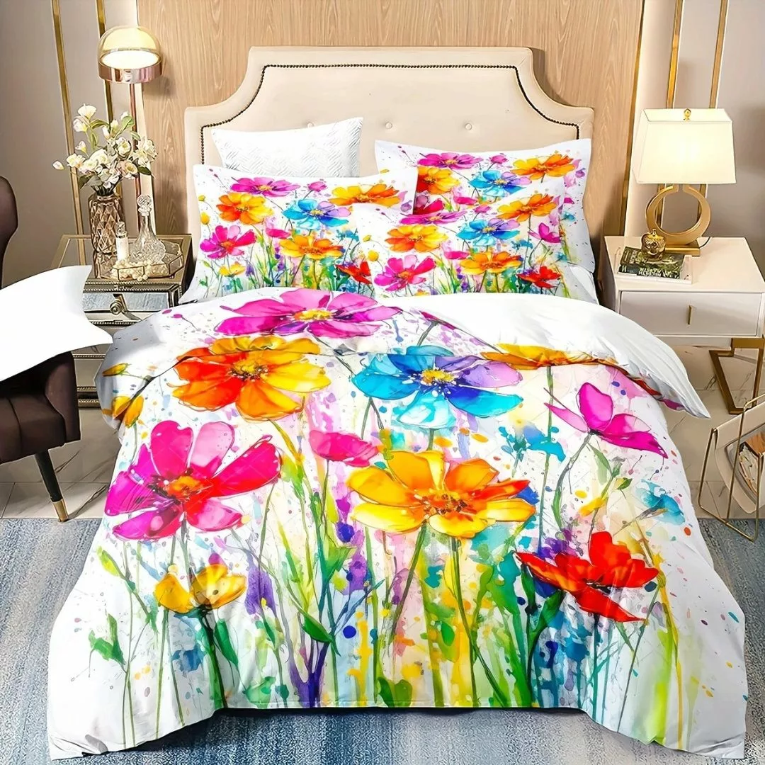 Parure de lit fleurs aquarelle éclatantes – Ambiance florale chic et colorée pour chambre lumineuse et apaisante