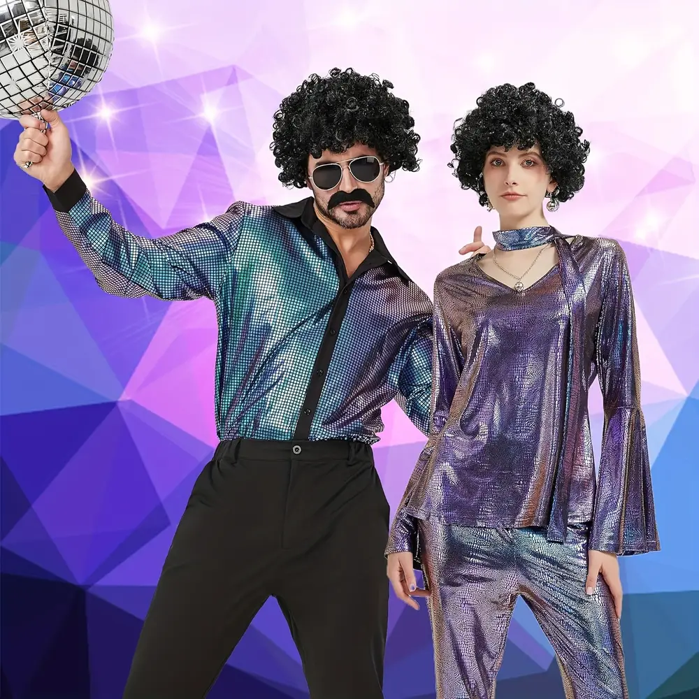 Déguisement disco rétro 70s homme – chemise effet laser et pantalon évasé